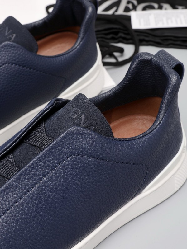 2024 Men Ermenegildo Zegna Navy Blue Leather Suede Low Top Sneakers MJ00240