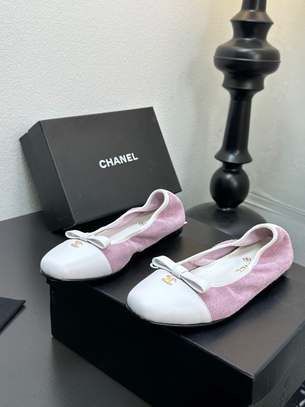 2025 Women CHANEL White Purple Leather Bow Ballet Flats Unisex LY00360(F)