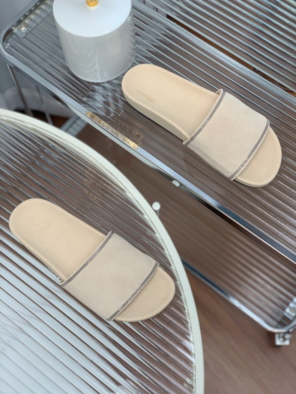2025 Women Brunello Cucinelli Beige Suede Flat Slide Sandals Handmade Detailing KFY00240 (F)
