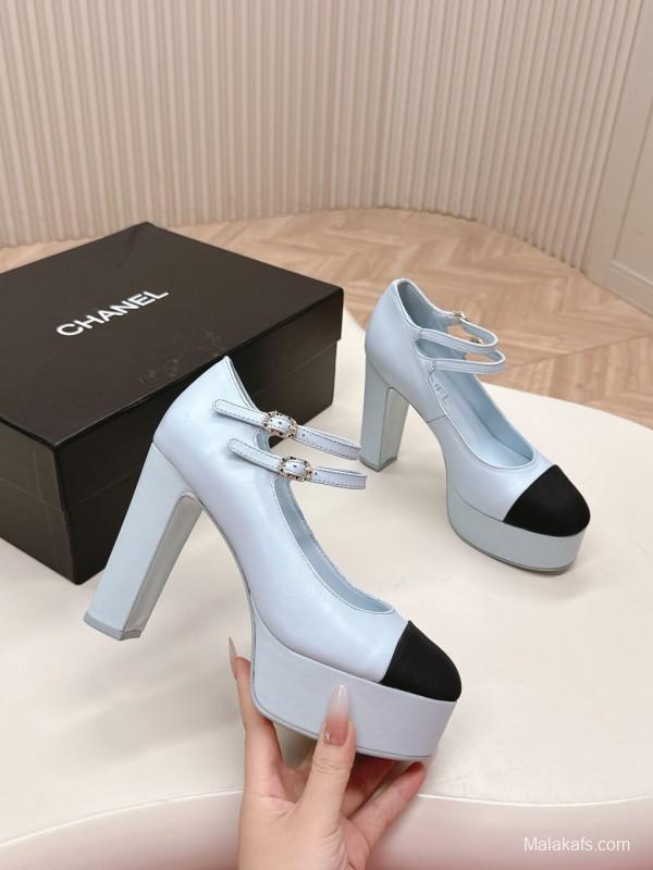 2025 Women Chanel White Black Leather Platform Mary Jane Shoes