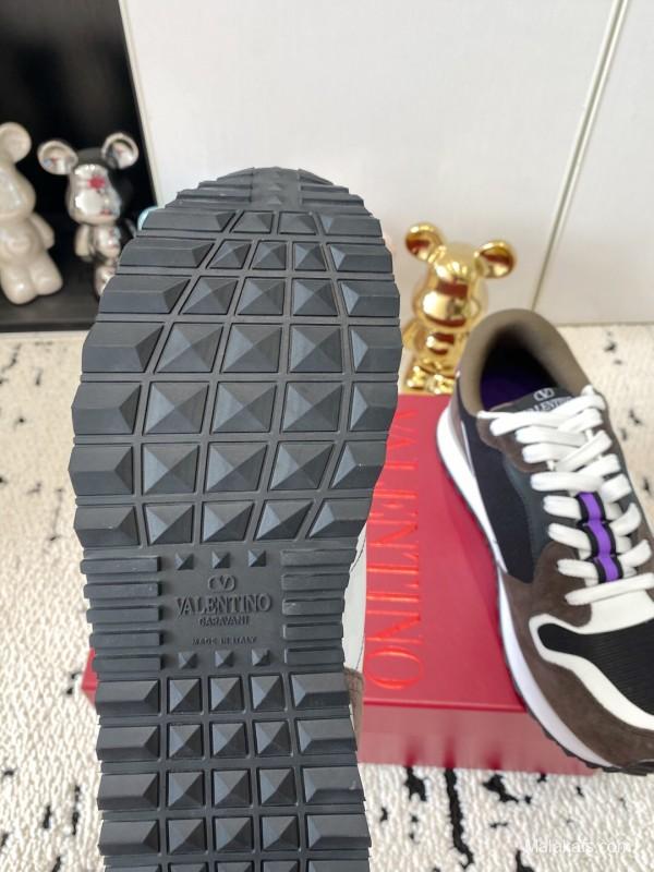 2025 Unisex Valentino Black Brown Purple Suede Leather Mesh Sneakers