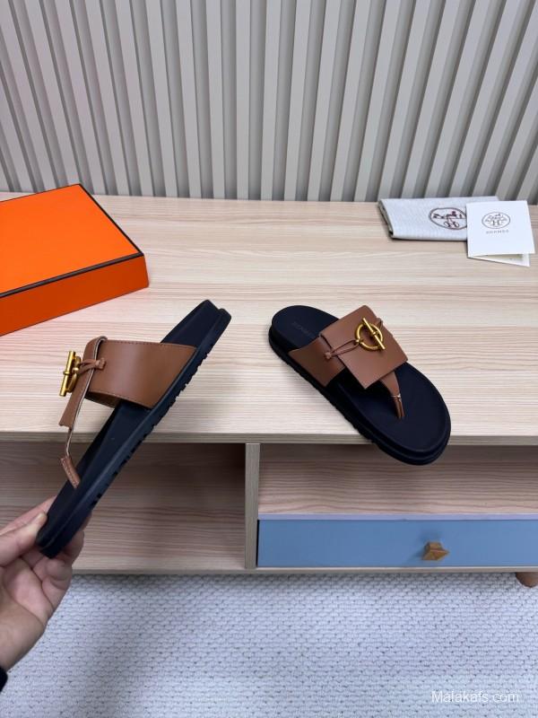2025 Slippers Hermès Brown Black Leather Slippers