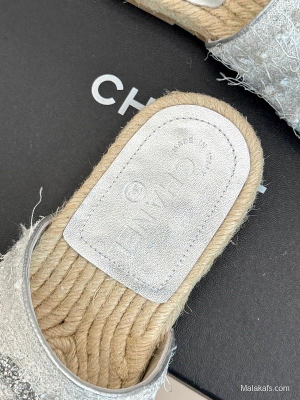 2025/Women Chanel White Lace Espadrille Slides Handmade Craft KFY00240(F)
