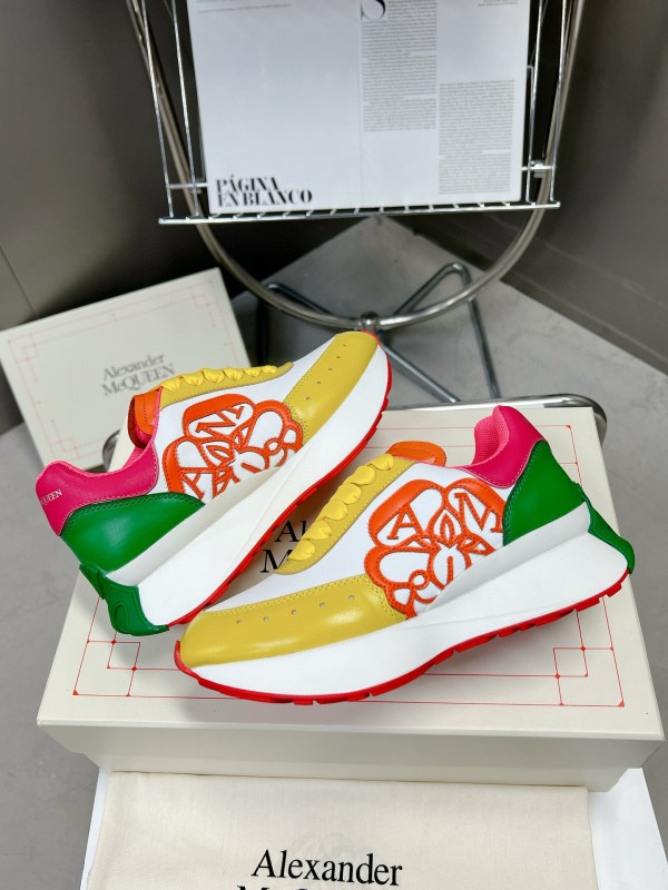 2024 Unisex Alexander McQueen Yellow Green Pink Leather Sprint Sneakers MJ00370