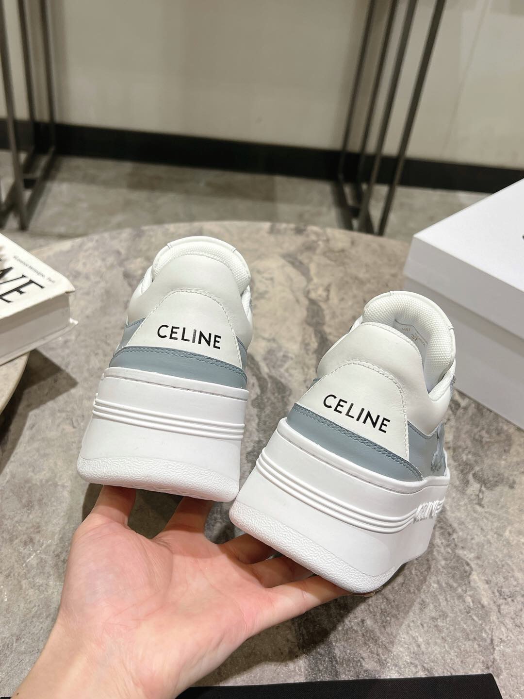 2025 Women Celine Blue White Leather Mesh Sneakers