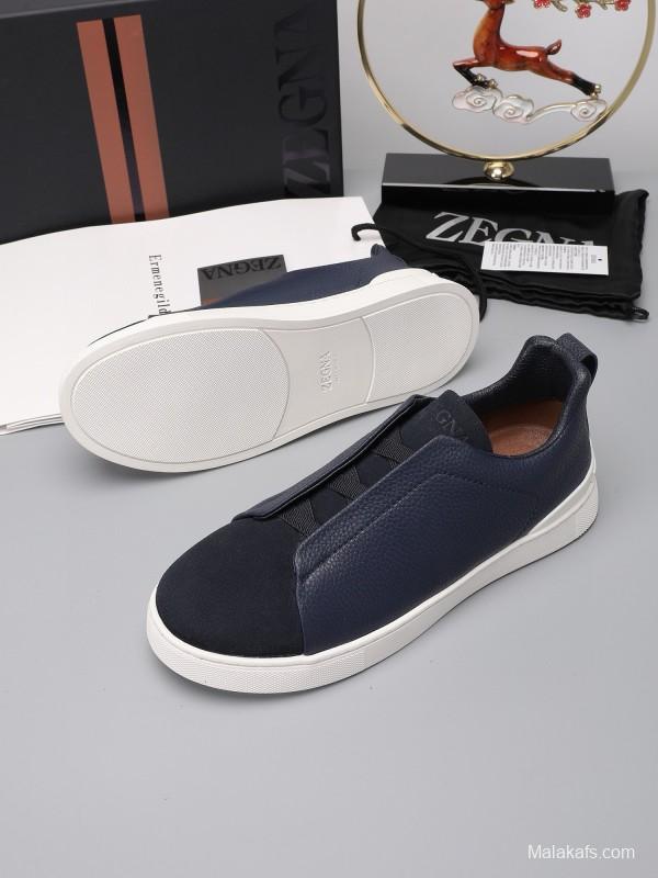 2024 Men Ermenegildo Zegna Navy Blue Leather Suede Low Top Sneakers MJ00240