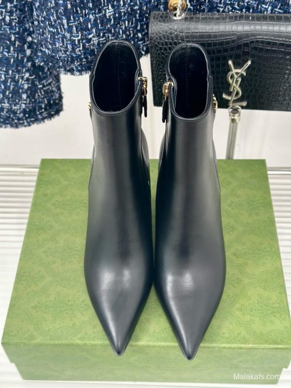 2024 Women Gucci Black Calfskin Leather Ankle Boots Chain MJ00410