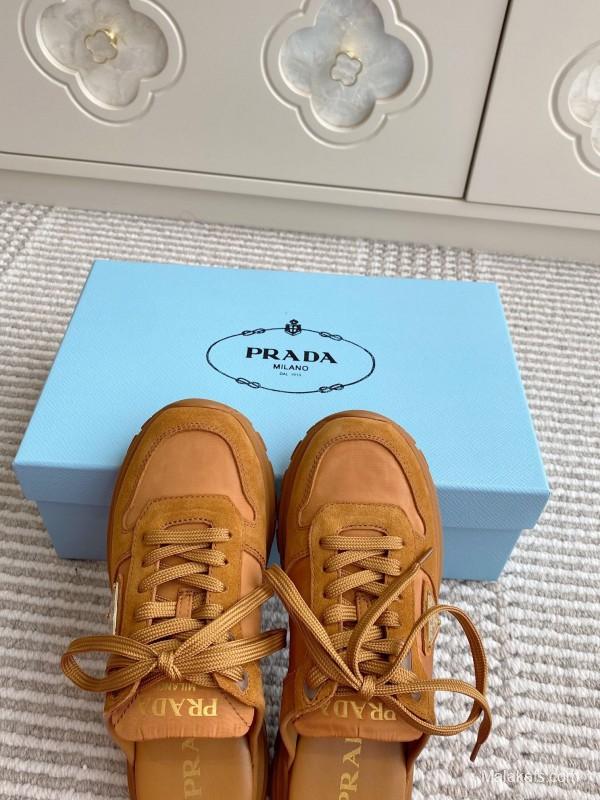 2025 Women Prada Brown Leather Suede Sneakers