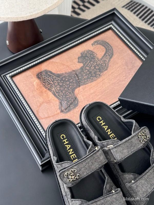 2025 Women Chanel Grey Fabric Leather Sandals Magic Tape LY00310