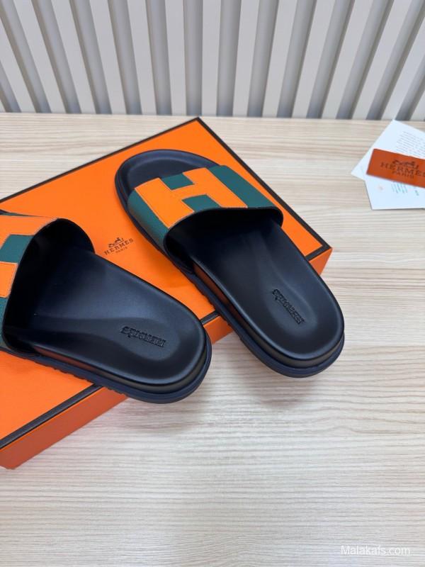 2025 Hermès Green Orange Leather Slippers