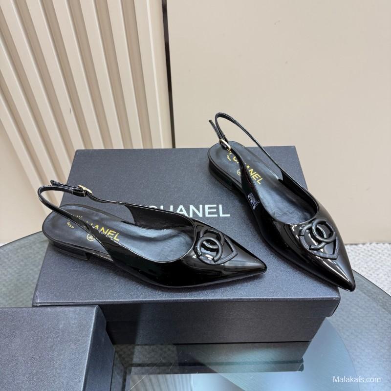2025 Women Chanel Black Satin Leather Slingback Flats KFY00290