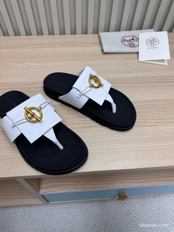 2025 Slippers Hermès White Black Leather Slippers