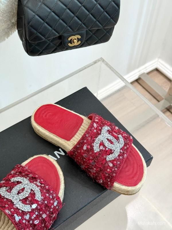 2025 Women Chanel Red Sequin Espadrille Slides Classic Craftsmanship KFY00240(F)