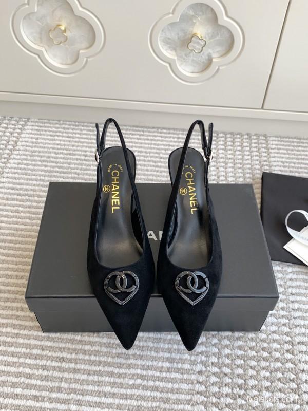 2025 Women Chanel Black Suede Slingback Heels CC Logo KFY00300