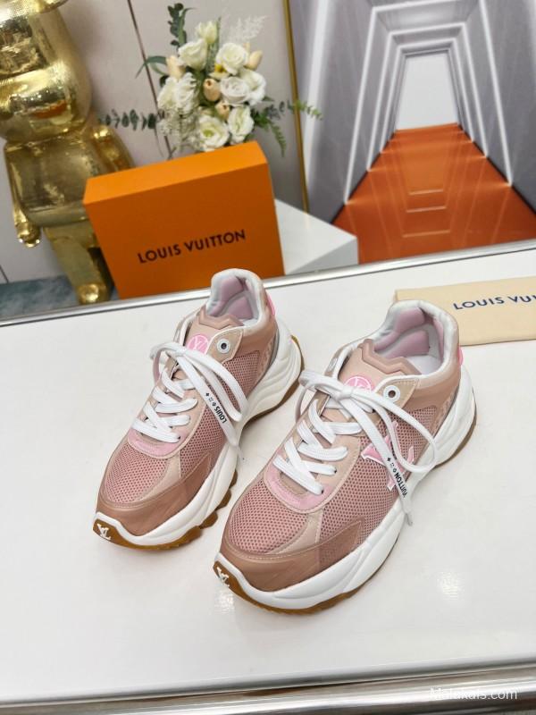 2025 Women Louis Vuitton Pink White Mesh Leather Sneakers LY00340