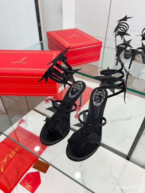 2025 Women RC Black Leather High Heel Sandal Star Detail LY00340