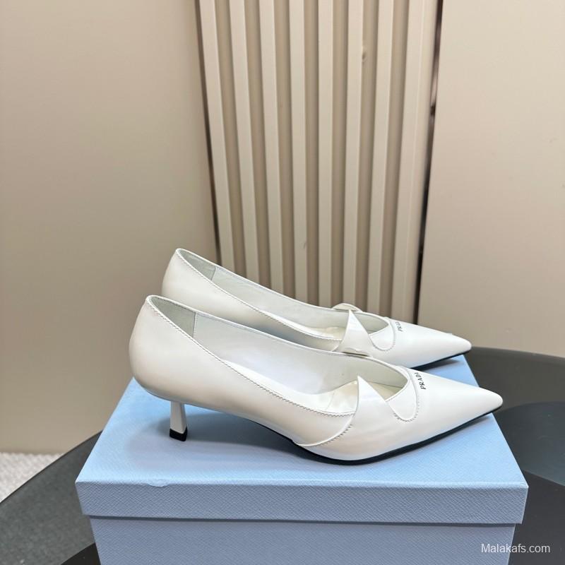 2025 Women Prada White Leather Pointed Toe Kitten Heel Pumps KFY00310