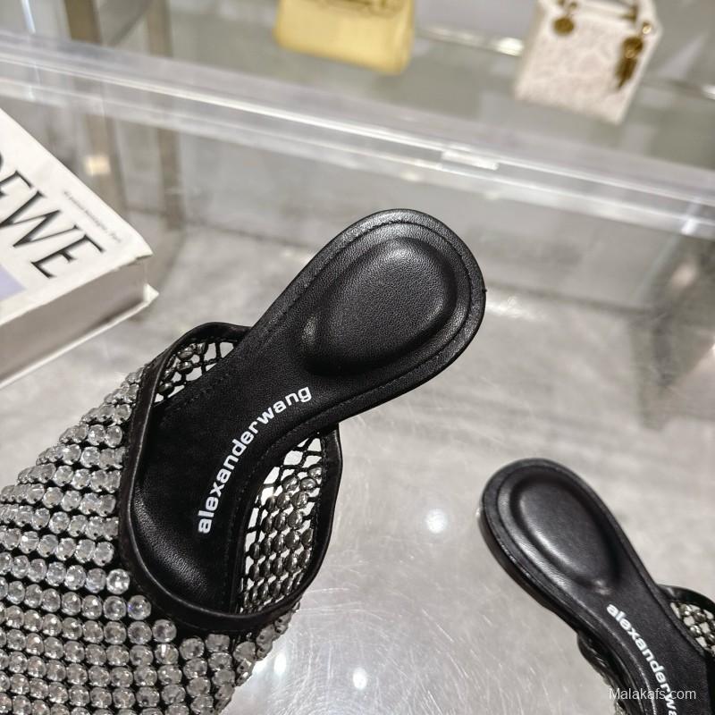 2025 Slippers Alexander Wang Black Crystal Mesh Leather Slippers LY00310