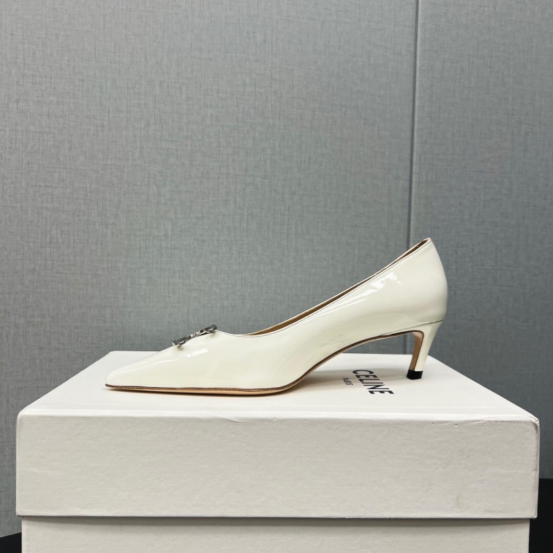 2025 Women Celine White Leather Pointed Toe Kitten Heel KFY00290