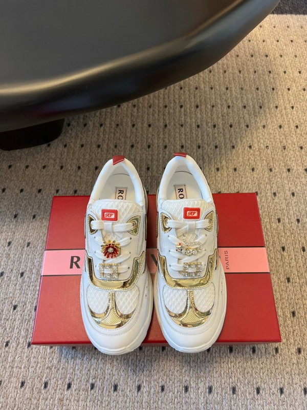 2025 Women Roger Vivier White Gold Leather Mesh Sneakers KFY00380