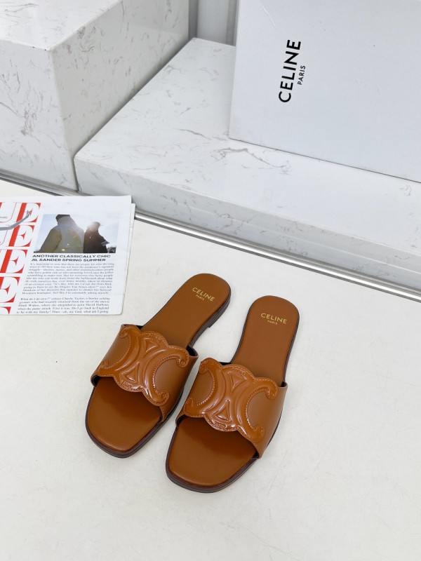 2025 Women CELINE Brown Leather Slippers LY00190