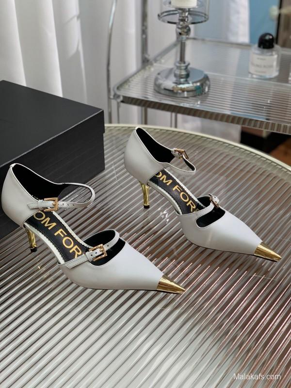 2025 Women TOM FORD White Gold Leather Pointed Toe Pumps KFY00320