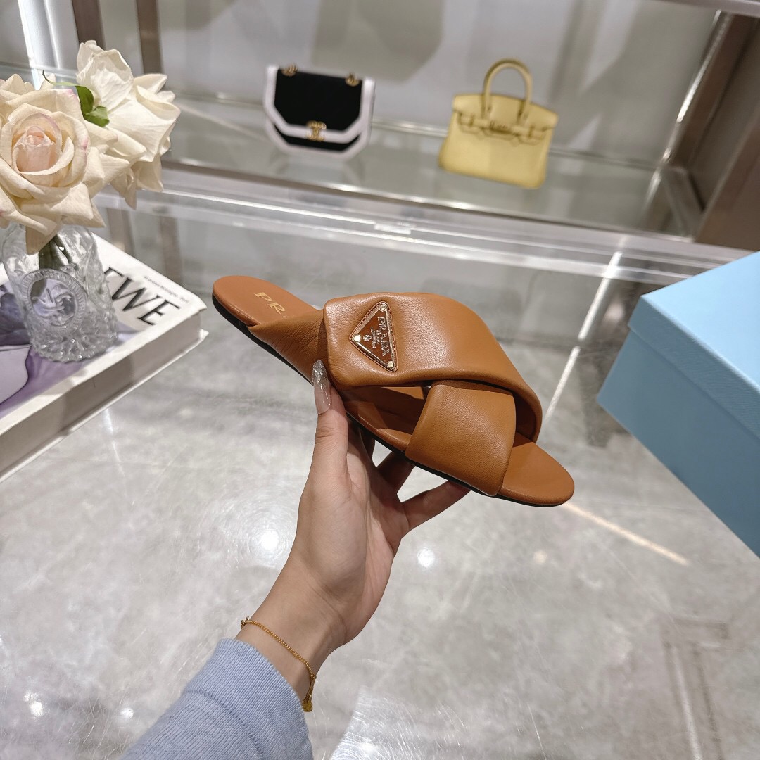 2025 Women Prada Brown Leather Slippers