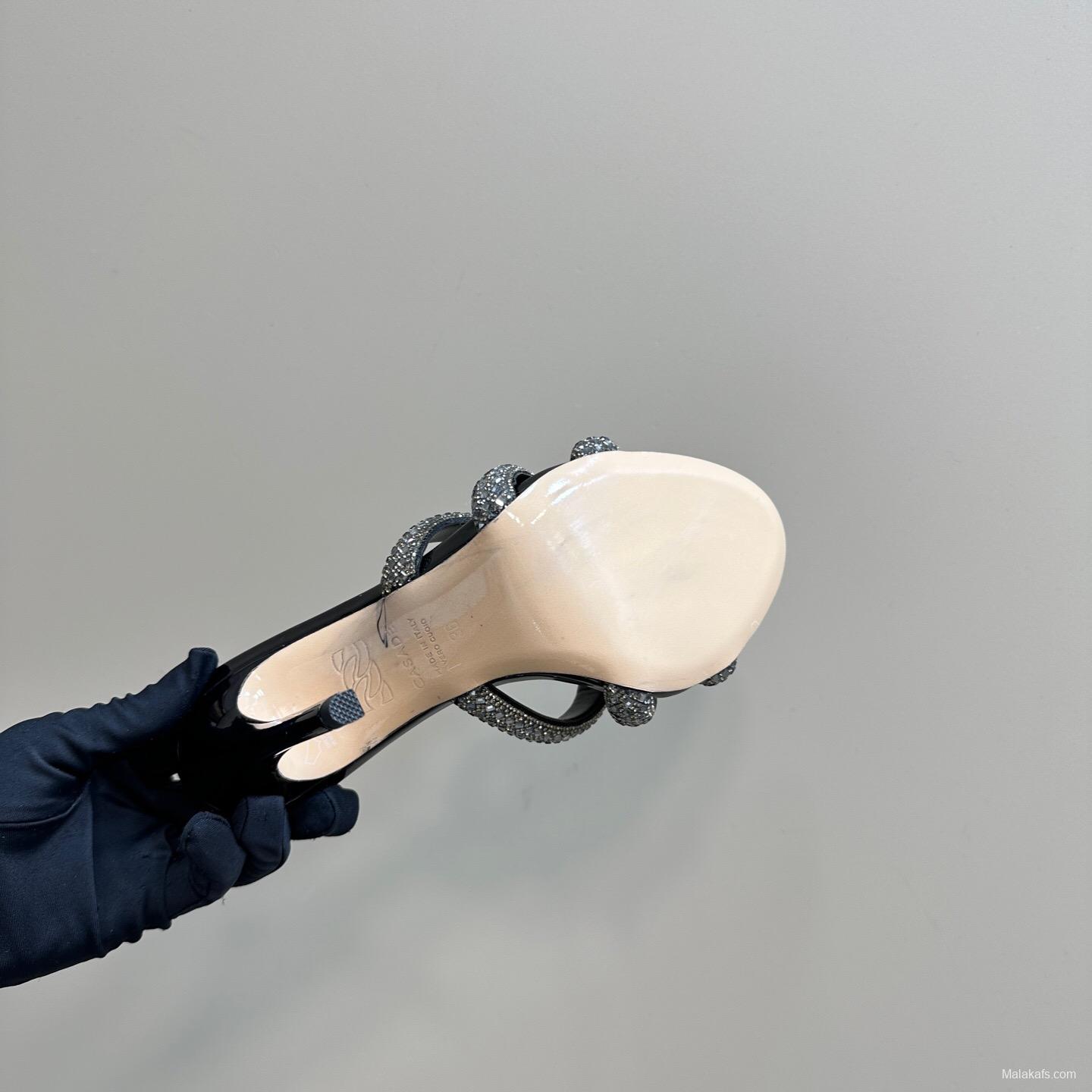 2025 Women Casadei Black Rhinestone Leather High Heels KFY00290