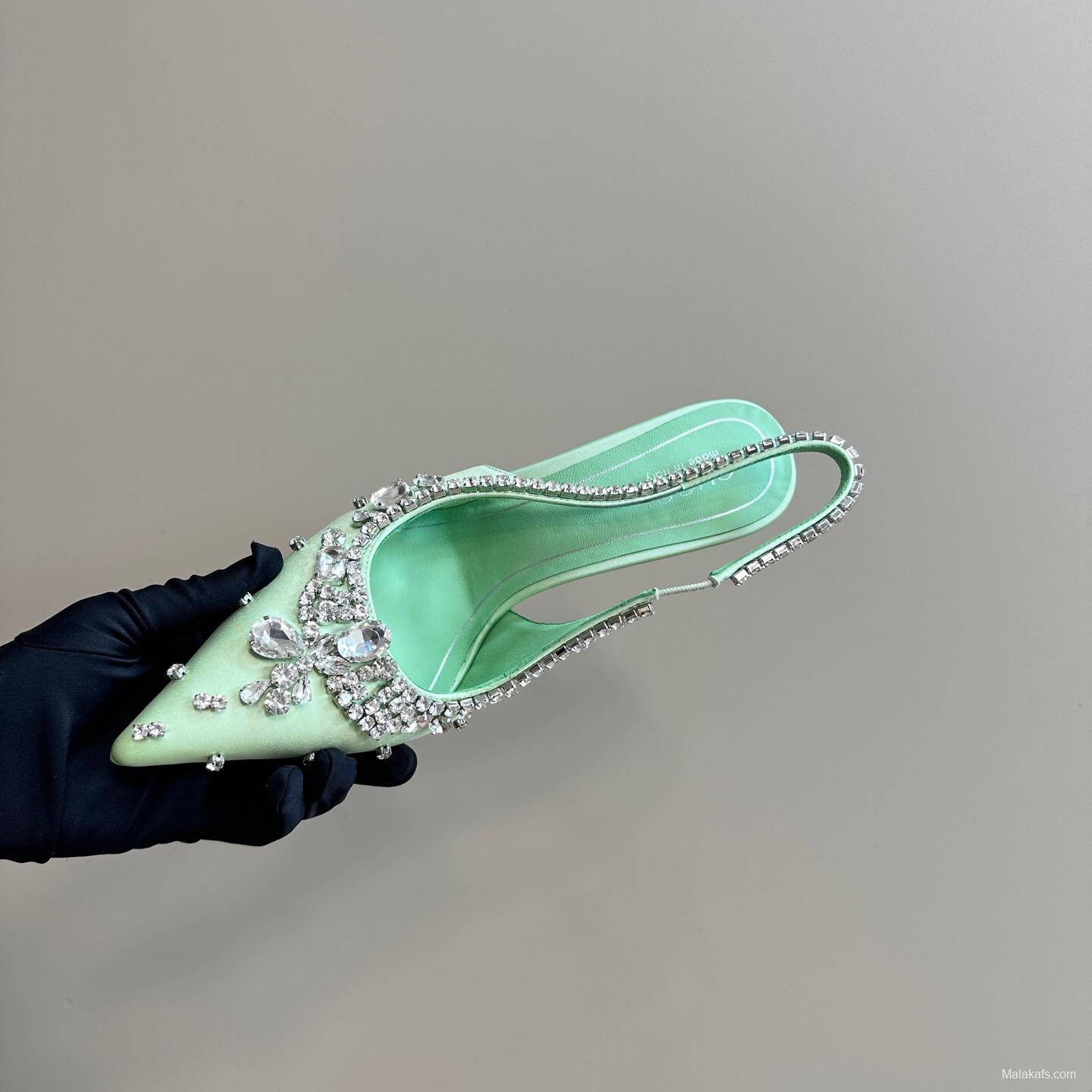 2025 Women Gucci Green Satin Slingback High Heel Crystal Embellished KFY00340