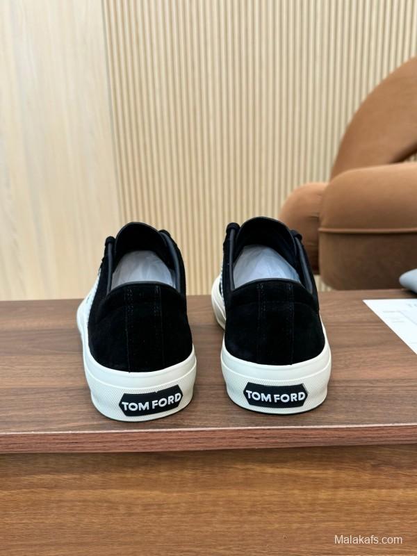 2025 Unisex TOM FORD Black White Suede Leather Sneakers