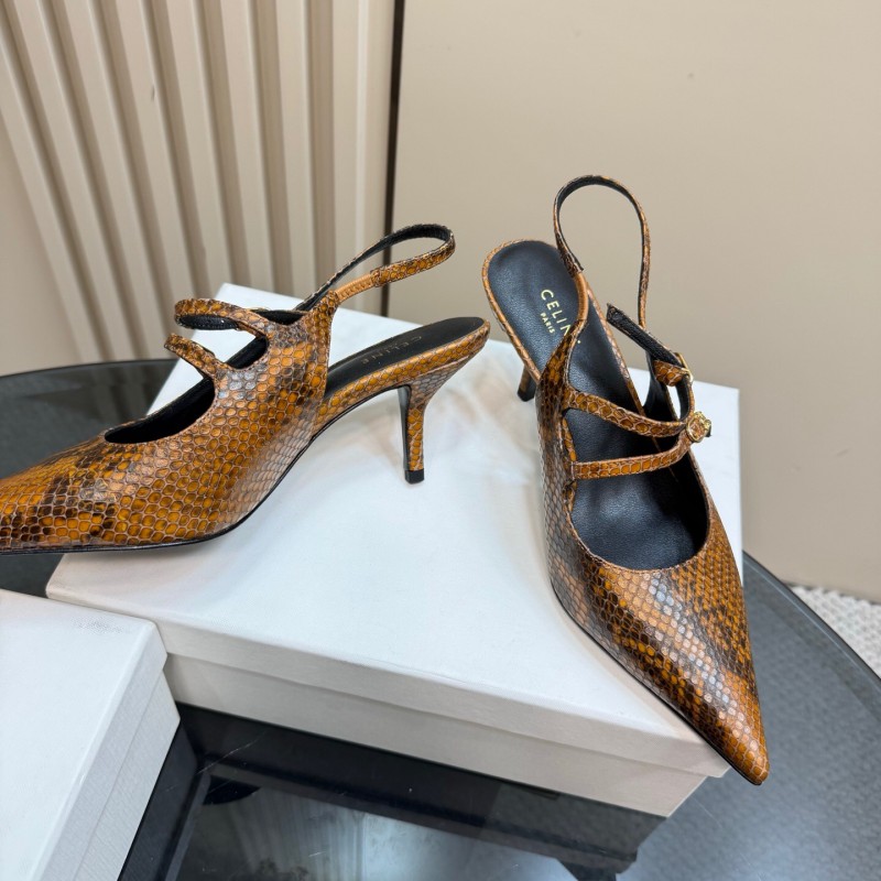 2025 Women Celine Brown Snake Leather Pointed Toe Slingback Heels