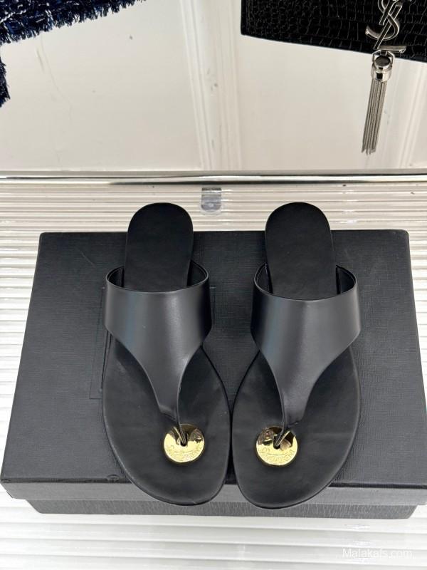 2025 Slippers Yves Saint Laurent Black Leather Slippers KFY00270