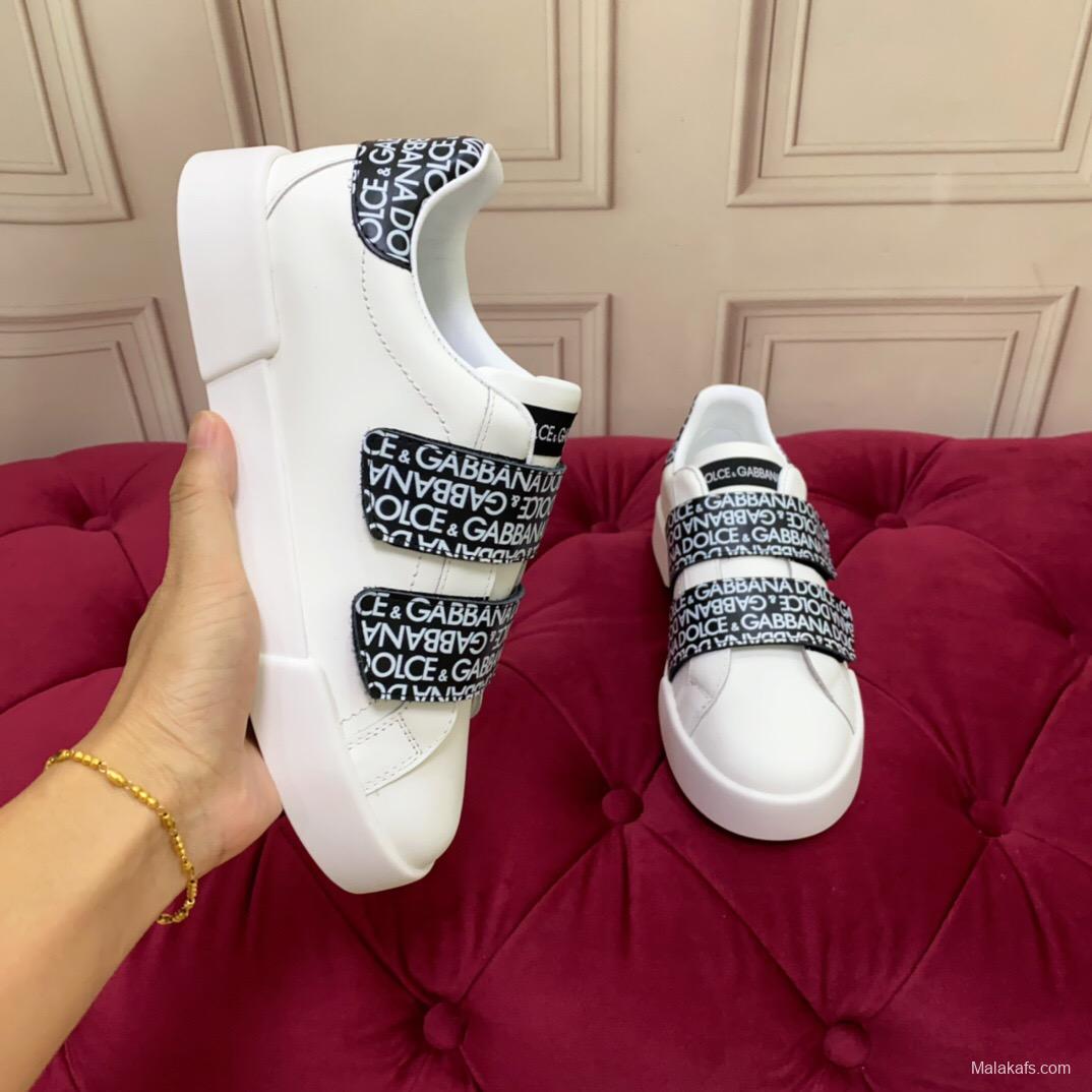 2025 Unisex Dolce & Gabbana White Leather Sneakers LOGO Strap LY00300