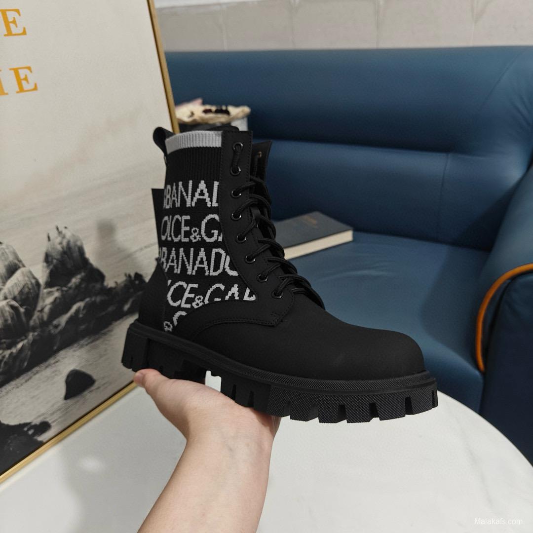 2024 Unisex Dolce & Gabbana Black Knit Leather Combat Boots MJ00390