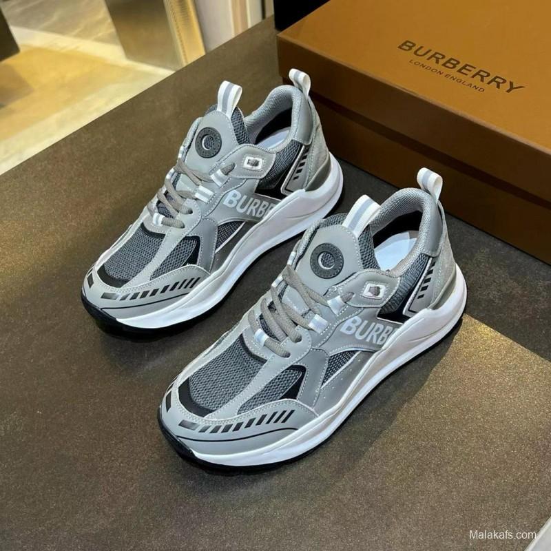 2025 Unisex Burberry Grey Suede Leather Mesh Sneakers Vintage Code MJ00380