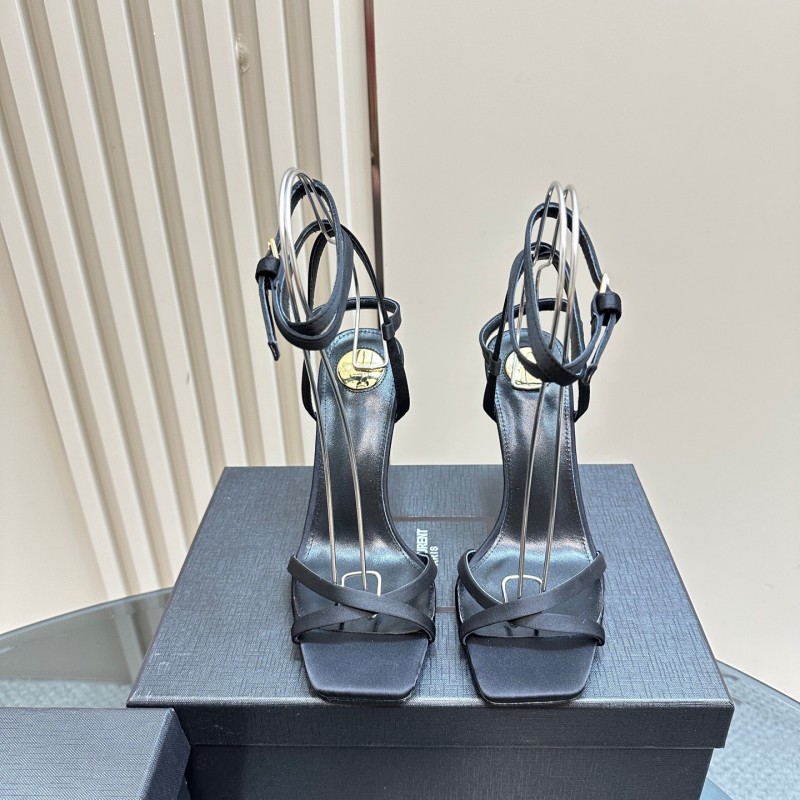 2025 Women Yves Saint Laurent Black Satin High Heel Sandals KFY00290
