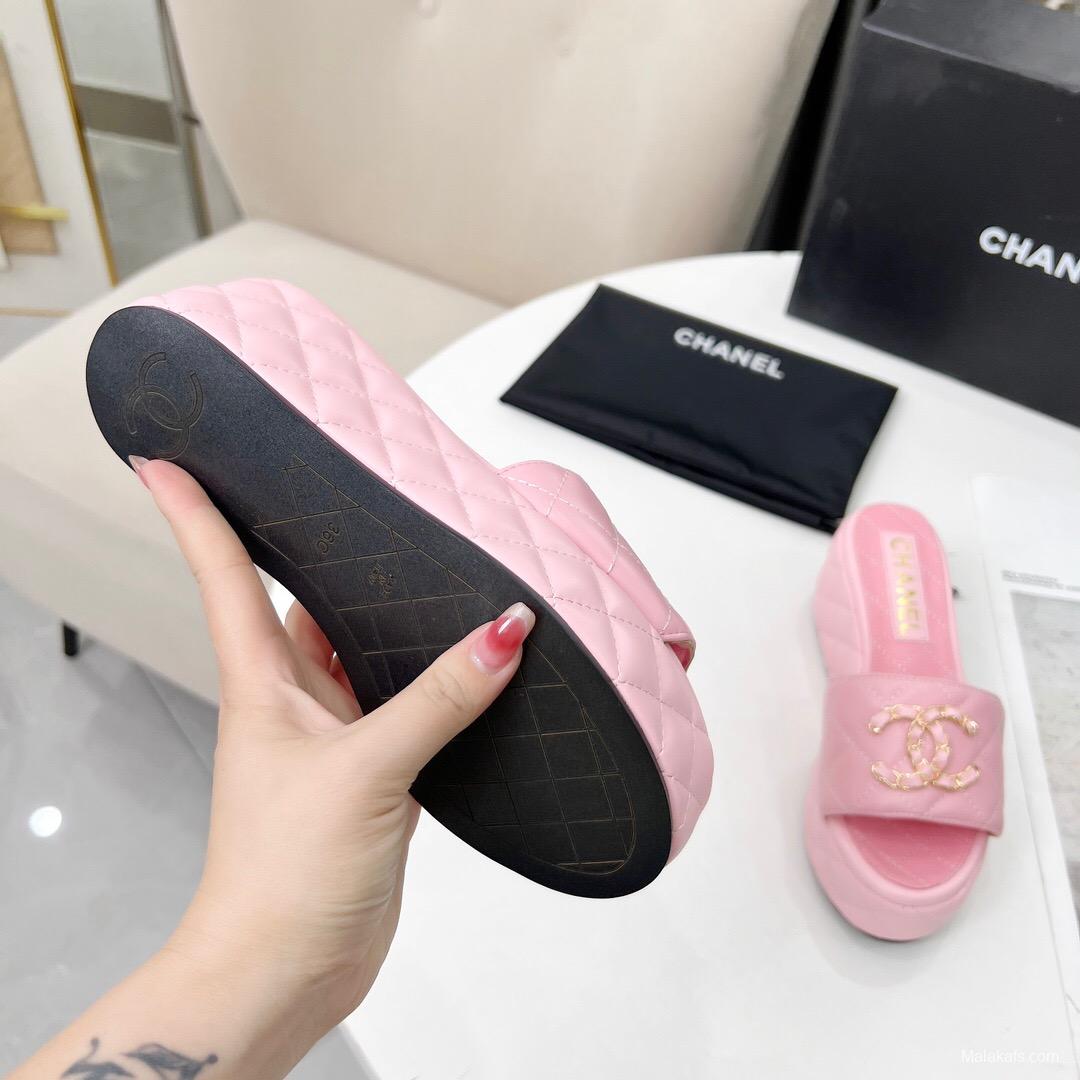 2025 Women Chanel Pink Leather Platform Sandals LY00240