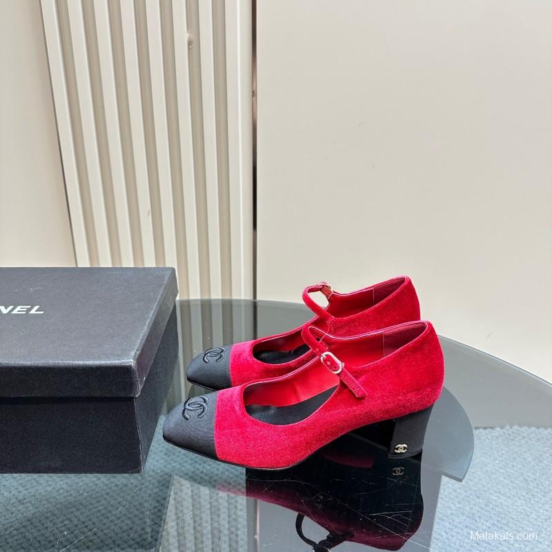2025 Women Chanel Red Black Suede Leather Mary Jane Logo KFY00290