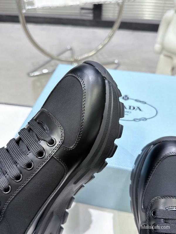 2025 Unisex Prada Black Leather Nylon Sneakers