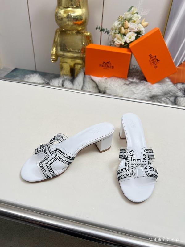 2025 Slippers Hermès White Leather Crystal MJ00180
