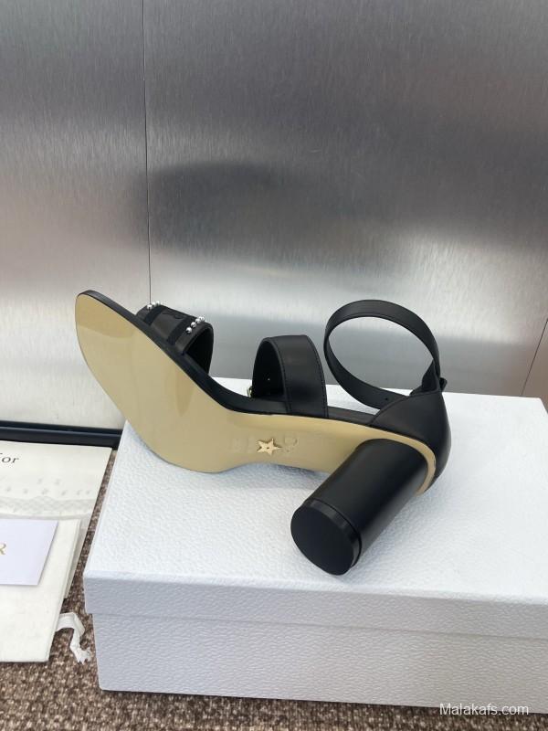 2025 Women Dior Black Leather Sandals Studded KFY00320