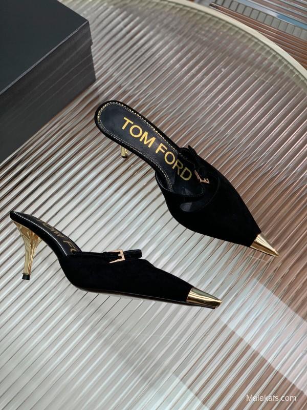 2025 Women TOM FORD Black Suede Leather Pointed Toe Metal Tip Mules