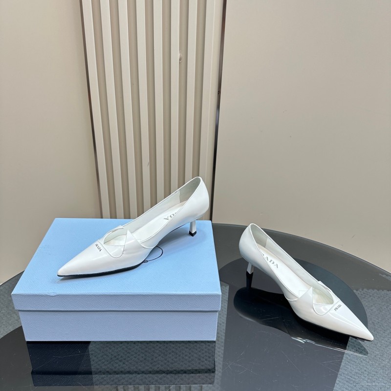 2025 Women Prada White Leather Pointed Toe Kitten Heel Pumps KFY00310