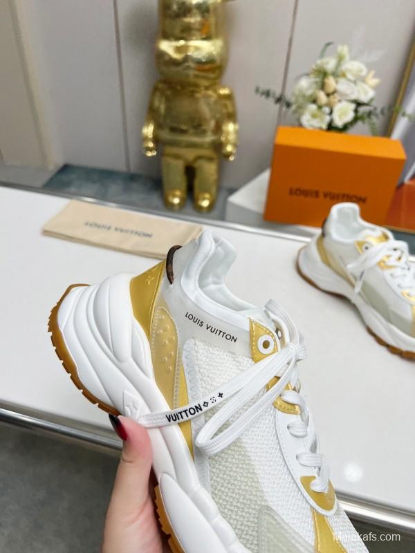 2025 Women Louis Vuitton White Gold Mesh Leather Sneakers LY00340