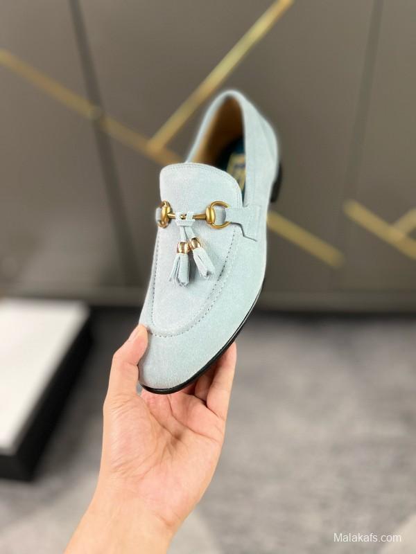 2024 Women Gucci Light Blue Suede Loafers MJ00280