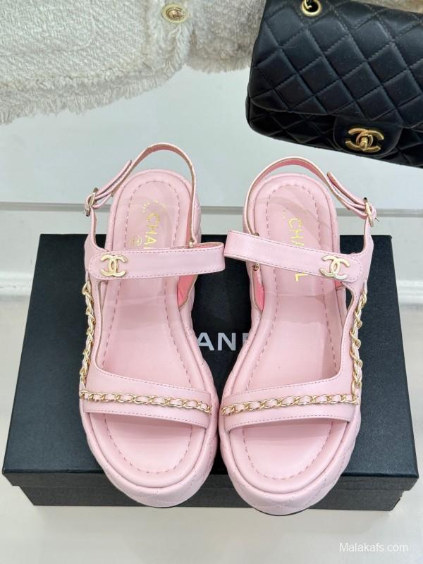 2025 Women Chanel Pink Lambskin Platform Sandals Chain Decoration