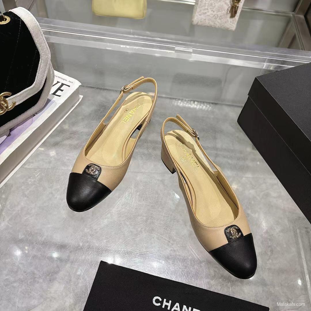 2025 Women Chanel Beige Black Leather Slingback Sandals LY00300