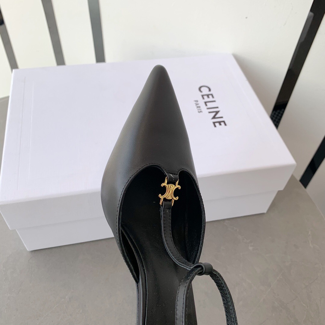 2025 Women Celine Black Calfskin Leather T-Strap TRIOMPHE Pumps