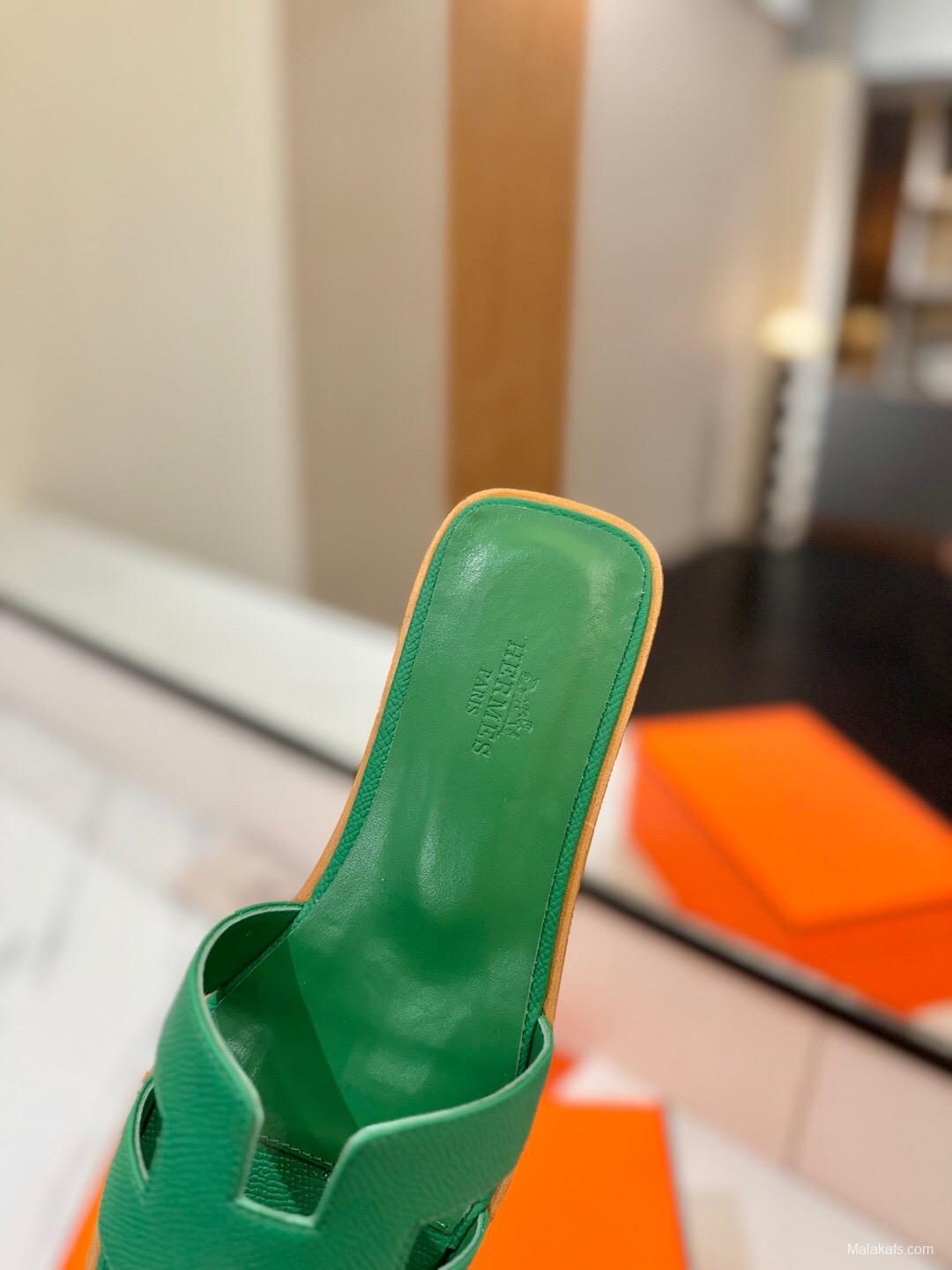 2025 Women Hermès Green Leather Slippers
