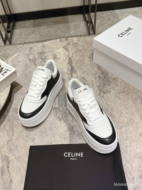 2025 Women Celine Black White Leather Platform Sneakers KFY00330